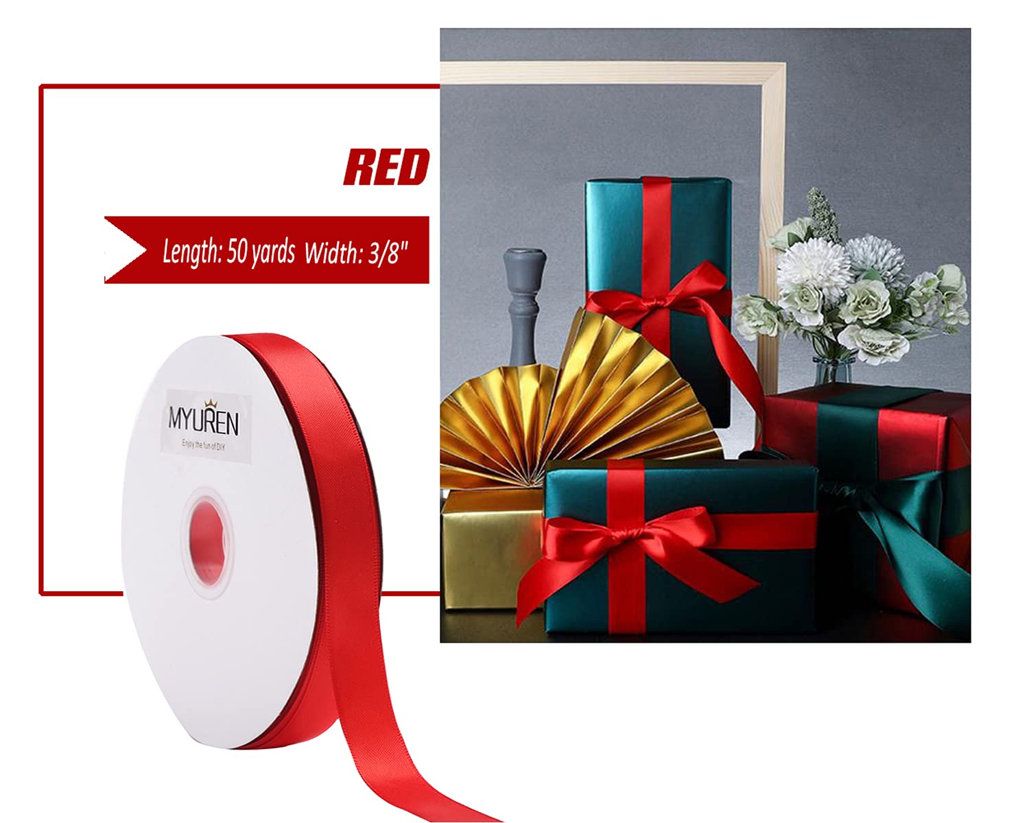 3/8 Inch Solid Satin Ribbon Red Double Face Satin Ribbon for Crafts, Gift Wrapping?Party Favor? Baby Shower?Invitation Embellishments?DIY Hair Accessories (50 Yards)