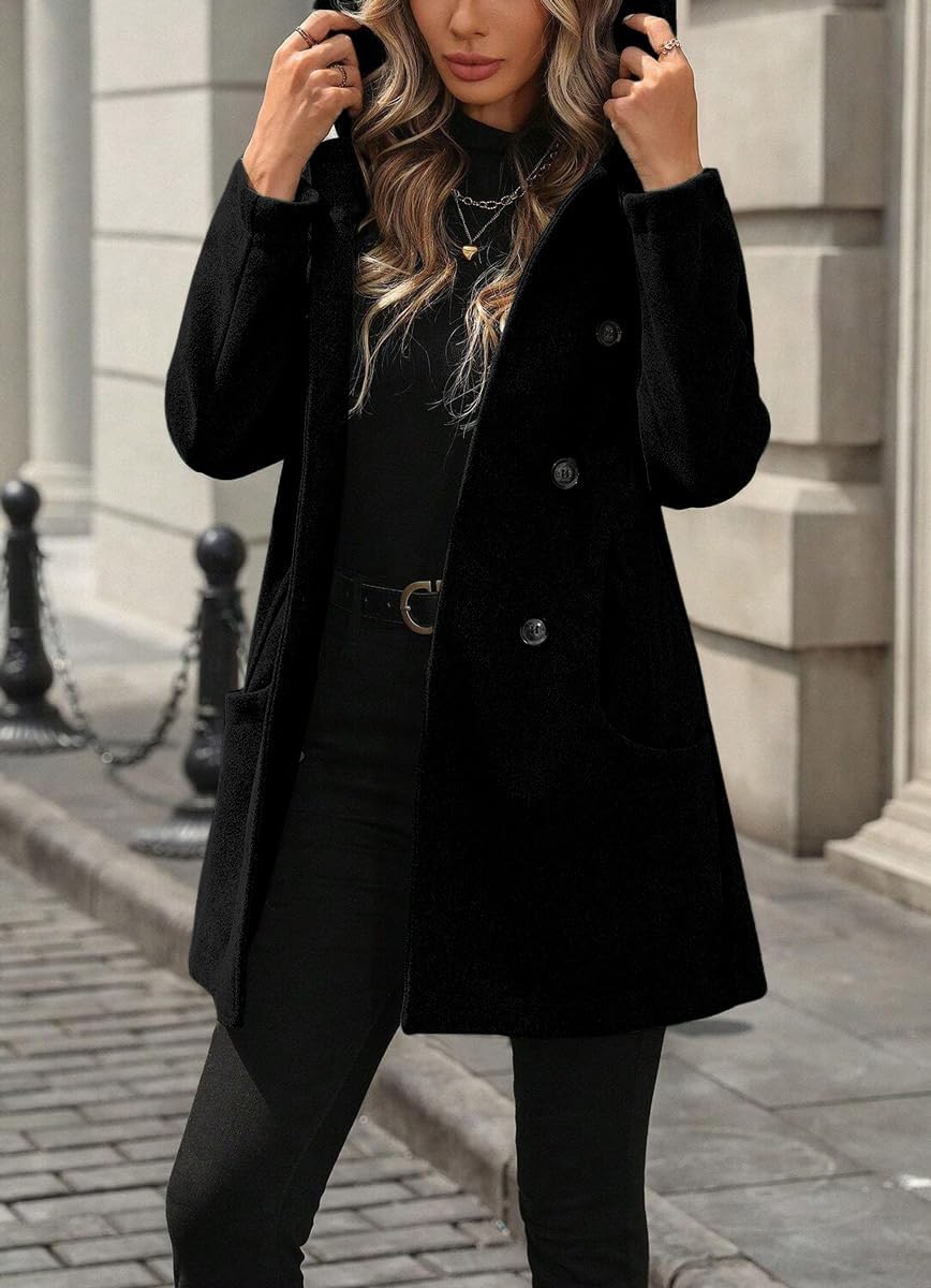 CHOUYATOU Women's Winter Double Breasted Hooded Wool Coat Notch Collar Trench Coat Peacoat - Image 5