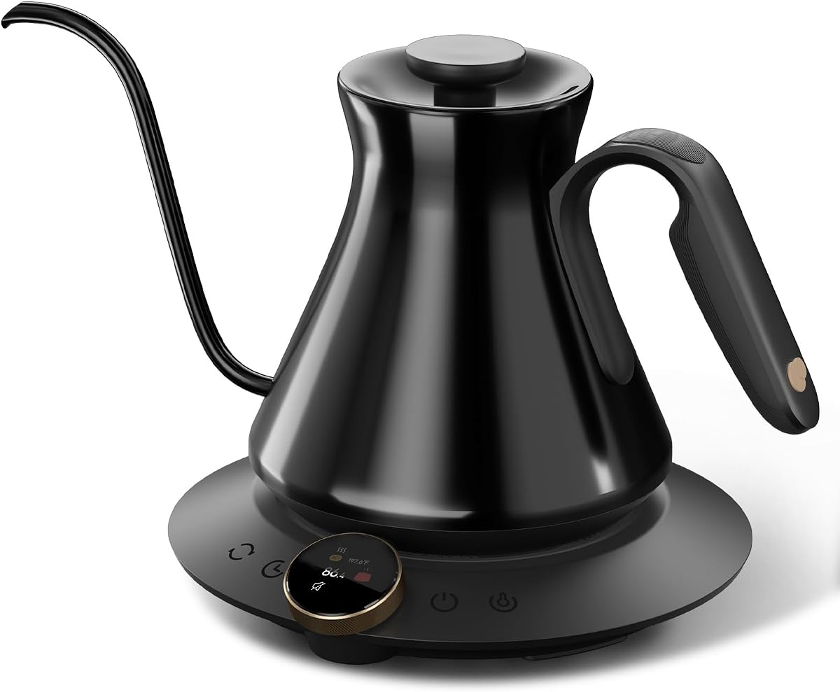 Cocinare Gooseneck Electric Kettle, ±0.5°F Precision Temperature Control | 1500W Quick Heating, Stainless Steel Inner, Pour Over Coffee & Tea, Keep Warm, Auto Shut-Off, Built-in Brew Timer, Black 0.6L