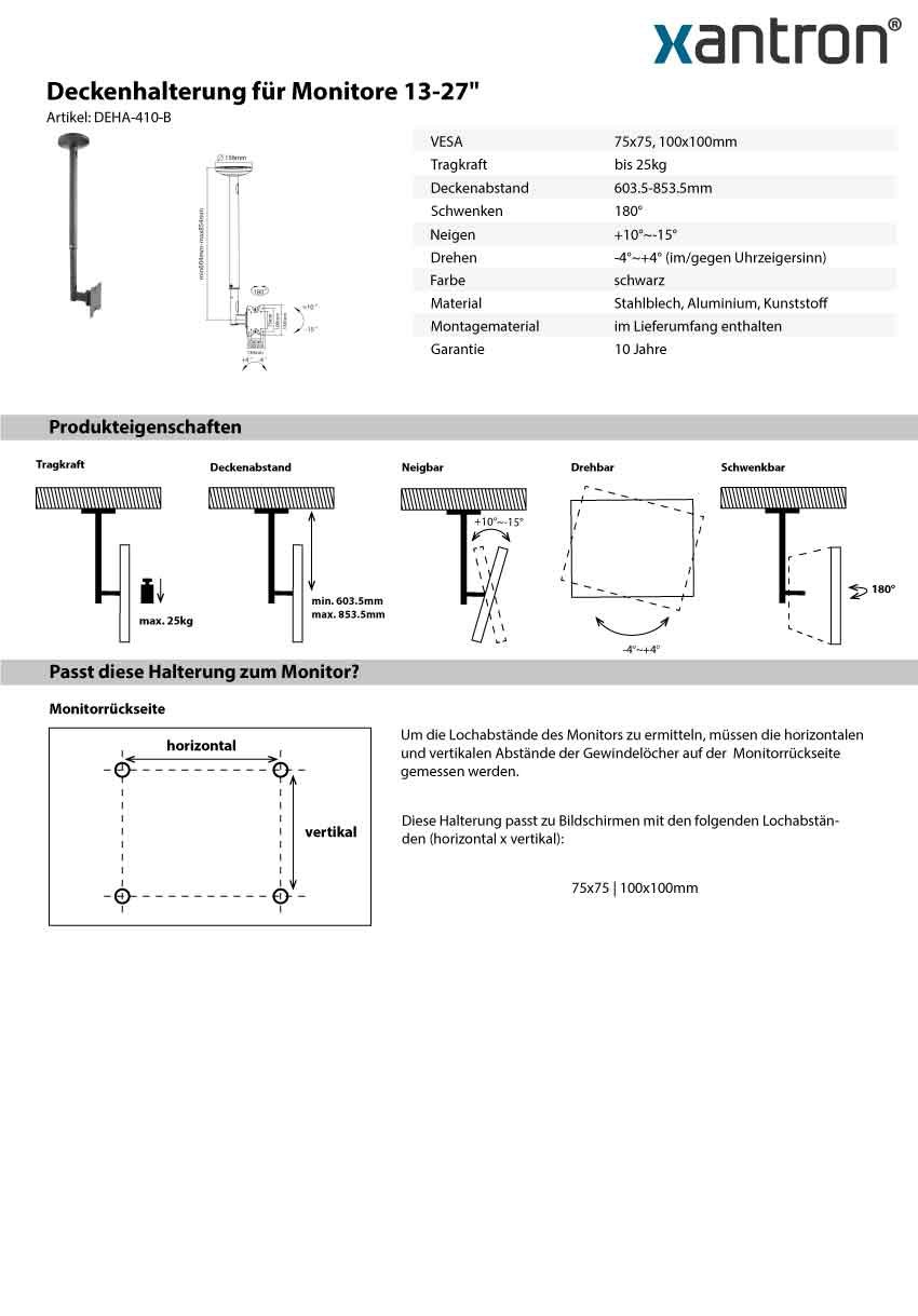 Xantron DEHA-410-B - Supporto da soffitto per TV da 13-27" orientabile, inclinabile, regolabile in altezza