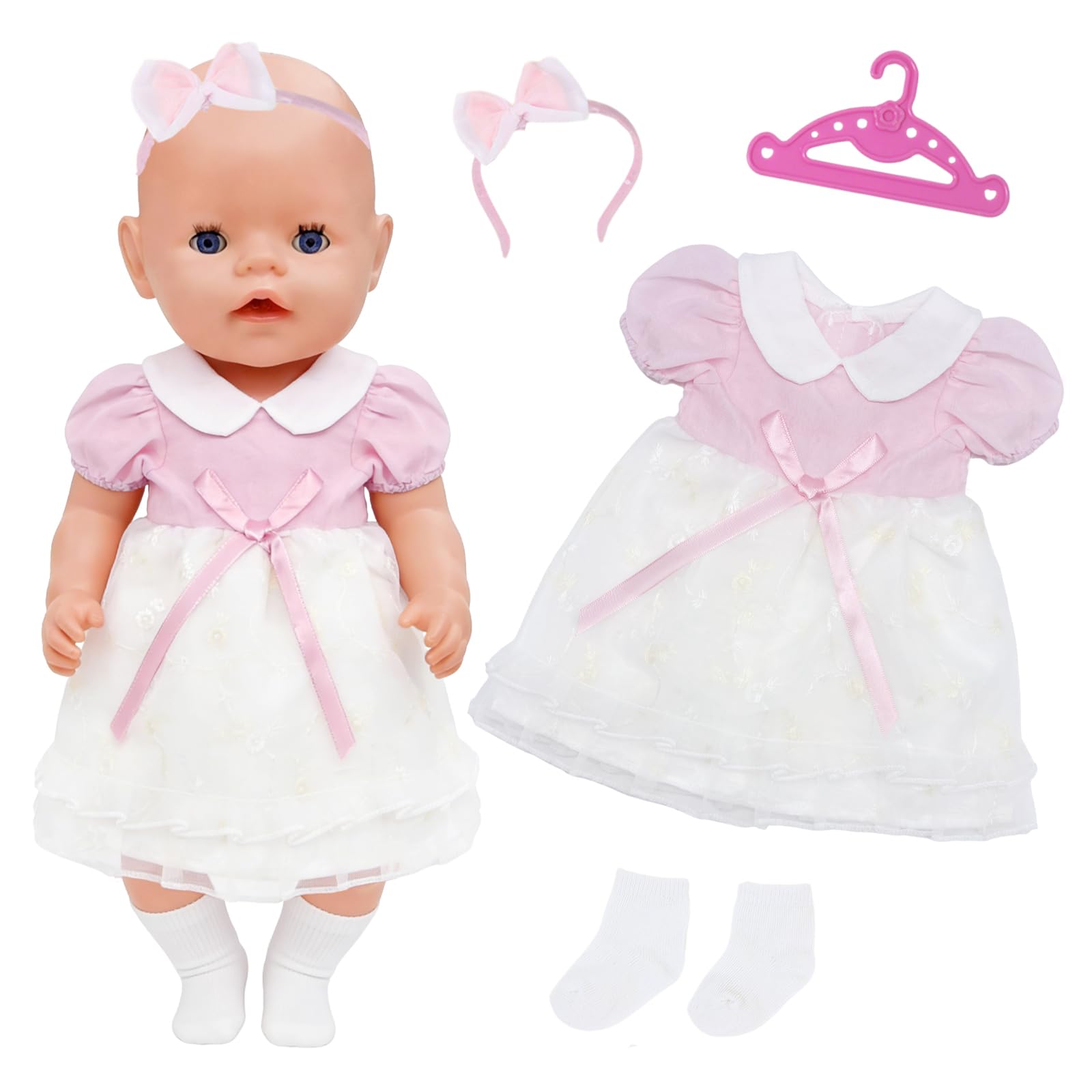Ubranie dla lalek dla lalek 35-43 cm, różowe ubranie dla lalek, urocza i urocza sukienka dla lalek, różowa spódnica gazowa, opaska na czoło z kokardką, skarpety, wieszak na ubrania