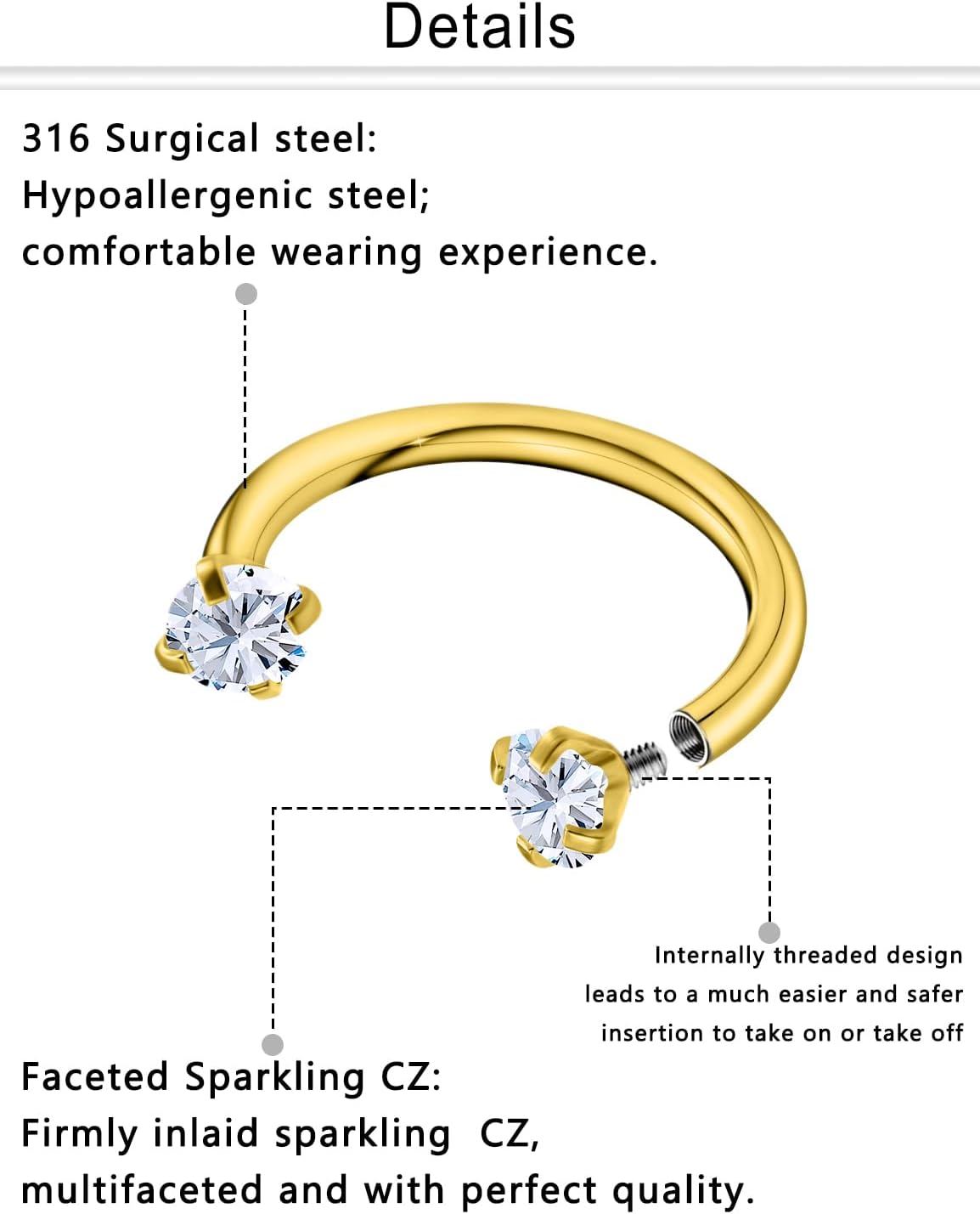 Dyknasz Horseshoe Nose Ring 18G Internally Threaded Nose Rings Hoops Surgical Steel Half Double Cubic Zirconia Nostril Studs Lip Eyebrow Helix Daith Ear Piercing Jewelry For Women - Image 3