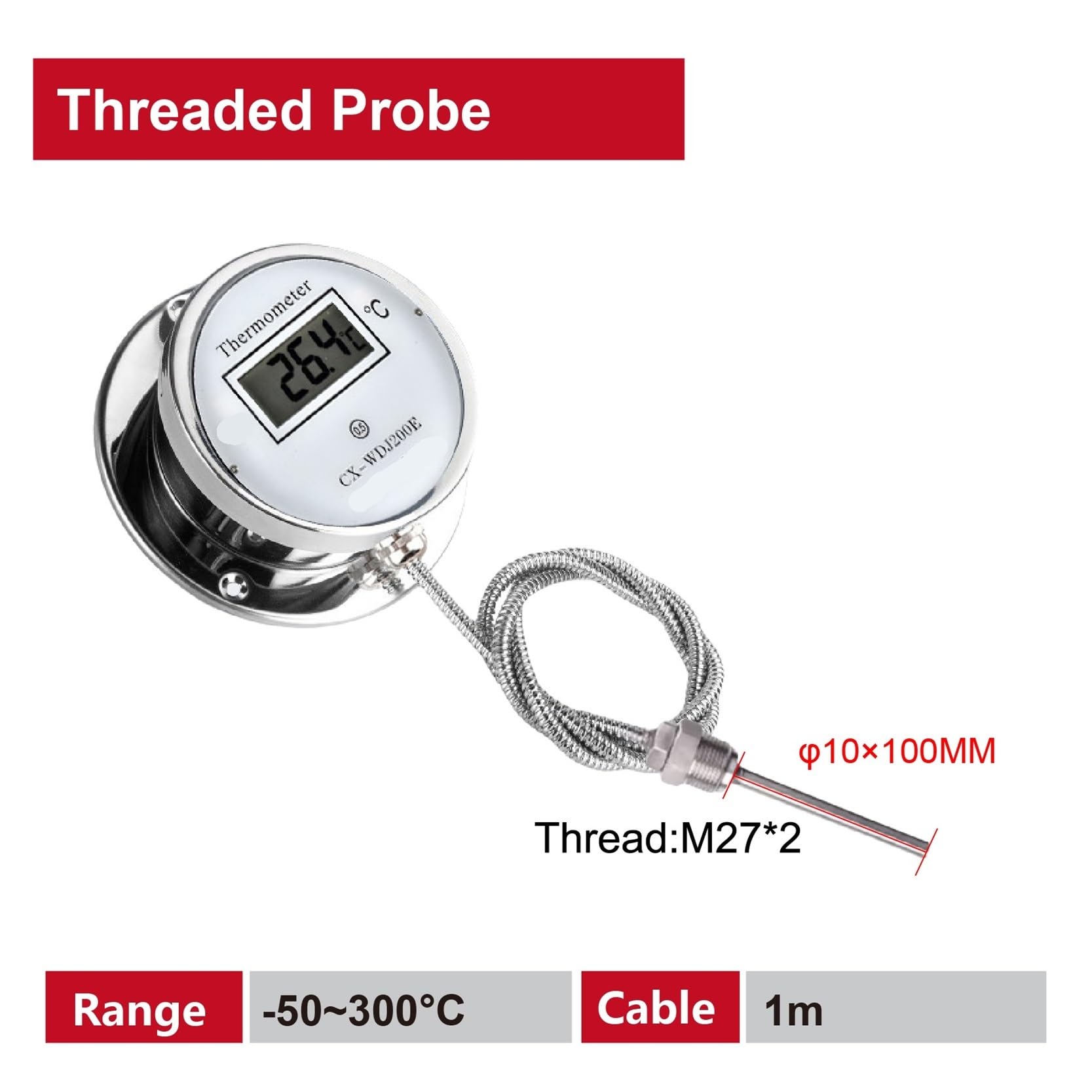 sensor Termómetro digital CX-WDJ200E con sonda de acero inoxidable y sensor de temperatura de líquidos LCD resistente al agua.(1m M27-Thread)