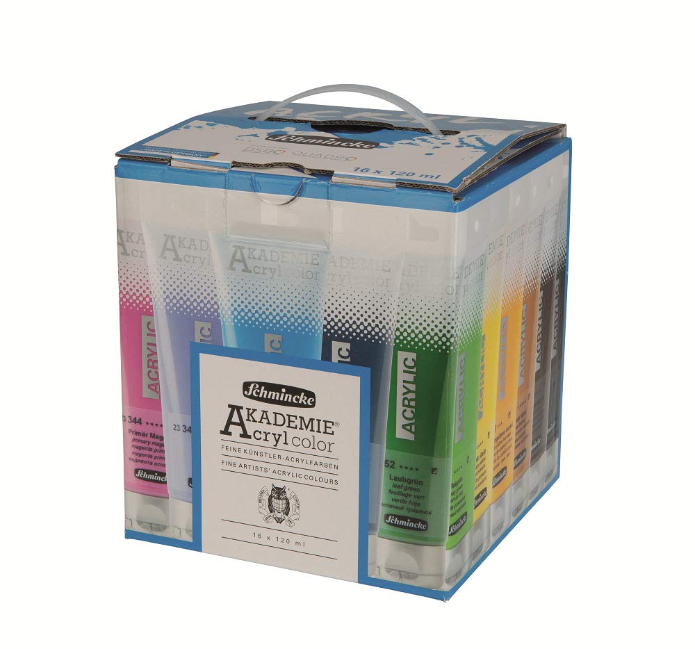 Schmincke - AKADEMIE® Acryl color, Value Pack 76756097, feine Künstler-Acrylfarbe, Set mit 16 x 120 ml Tuben, Farbenmix, brillant, hoch lichtecht und kadmiumfrei, für Acrylmalerei, Mixed Media