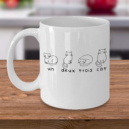 Miniatura 4 de ODDITEES Linda taza de gato para amantes de los gatos Un Deux Trois Cat Coffee Cup 11oz Blanco