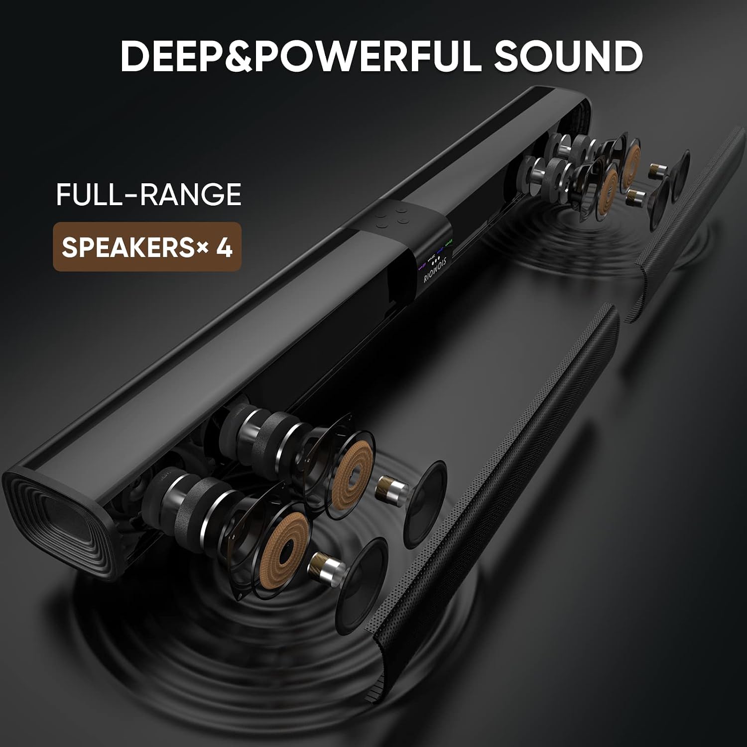Internal view of RIOWOIS Sound Bar showing 4 full-range speakers