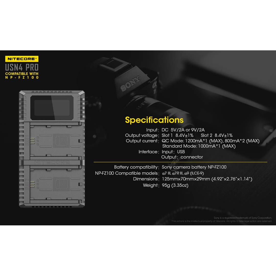 Nitecore USN4 Pro NP-FZ100 Dual Slot USB Ładowarka Sony LCD