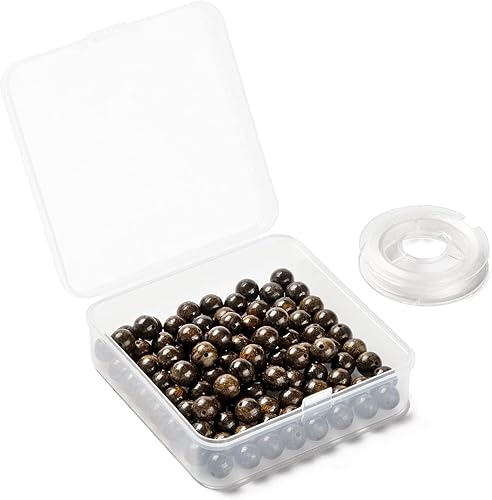 Miniatura 49 de BEEFLYING 100 cuentas de piedra de turmalina negra natural de 0.315 pulgadas (0.315 in), piedras preciosas redondas sueltas con hilo de cristal