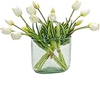 15pcs Artificial Tulips Flowers,Latex Bouquet, Fake Tulips for Office Wedding Party Home Kitchen Garden Decoration(White,15pcs)