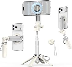 Magnetic Selfie Stick Tripod, Super Mini Portable Selfie Stick with Rechargeable Wireless Remote, One-Button Pop-Open, Detachable Travel Tripod Stand for iPhone Android Vlogging (White)