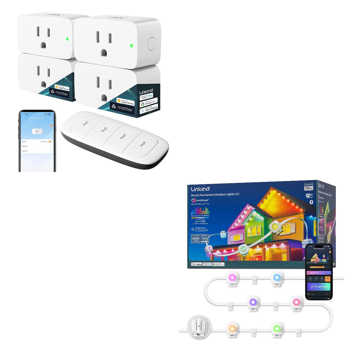 Linkind Matter Smart Plug with Remote Permanent Outdoor Lights HP5 100ft Smart AI RGBTW Christmas Lights