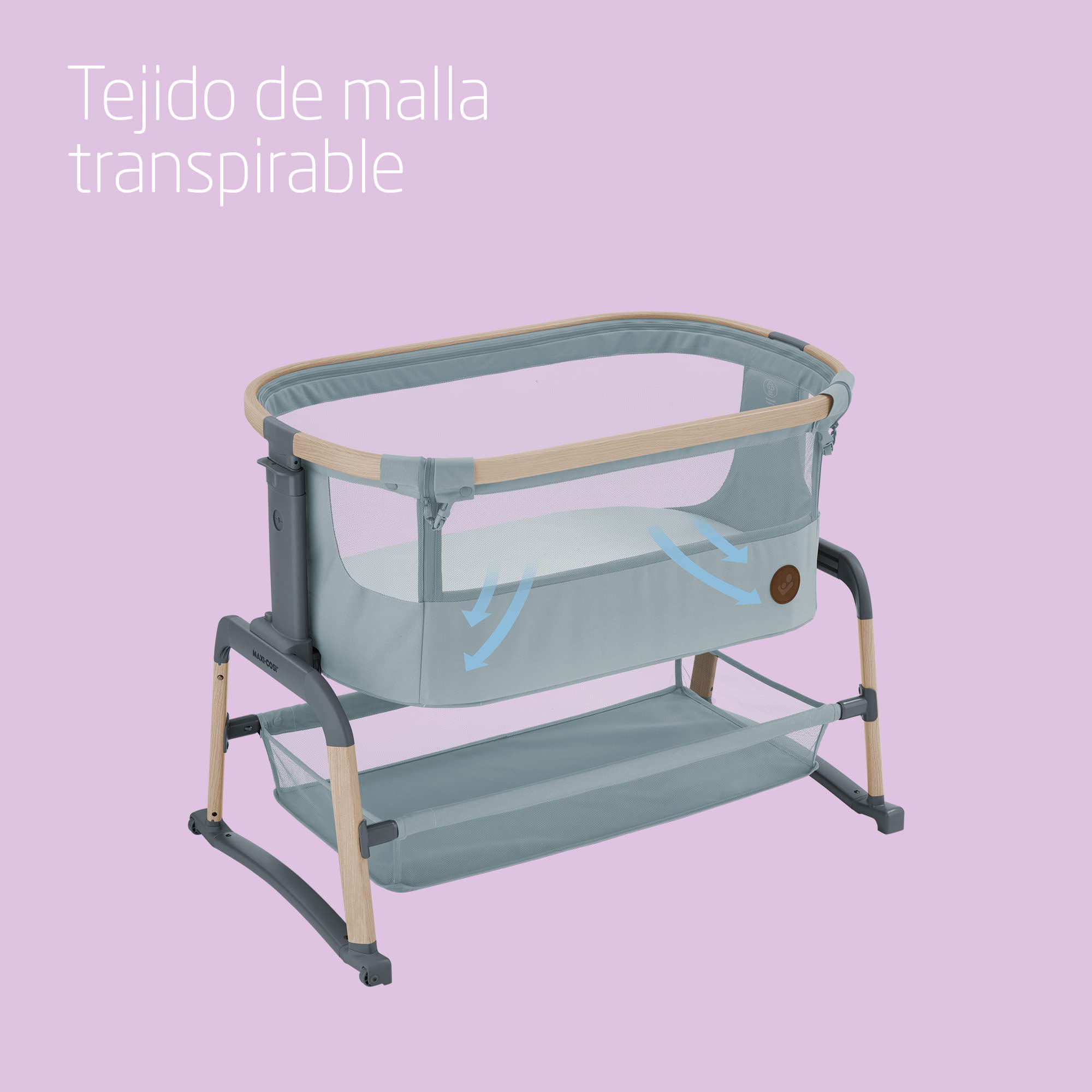 Maxi-Cosi Iora Air Cuna Colecho Bebe, Malla Integral, 0 - 6 meses (9 kg), Modo Mecedora, 4 Posiciones de Inclinación y 5 de Altura, Fácil Deslizamiento, Fácil Transporte, 2 Ruedas, Beyond Grey