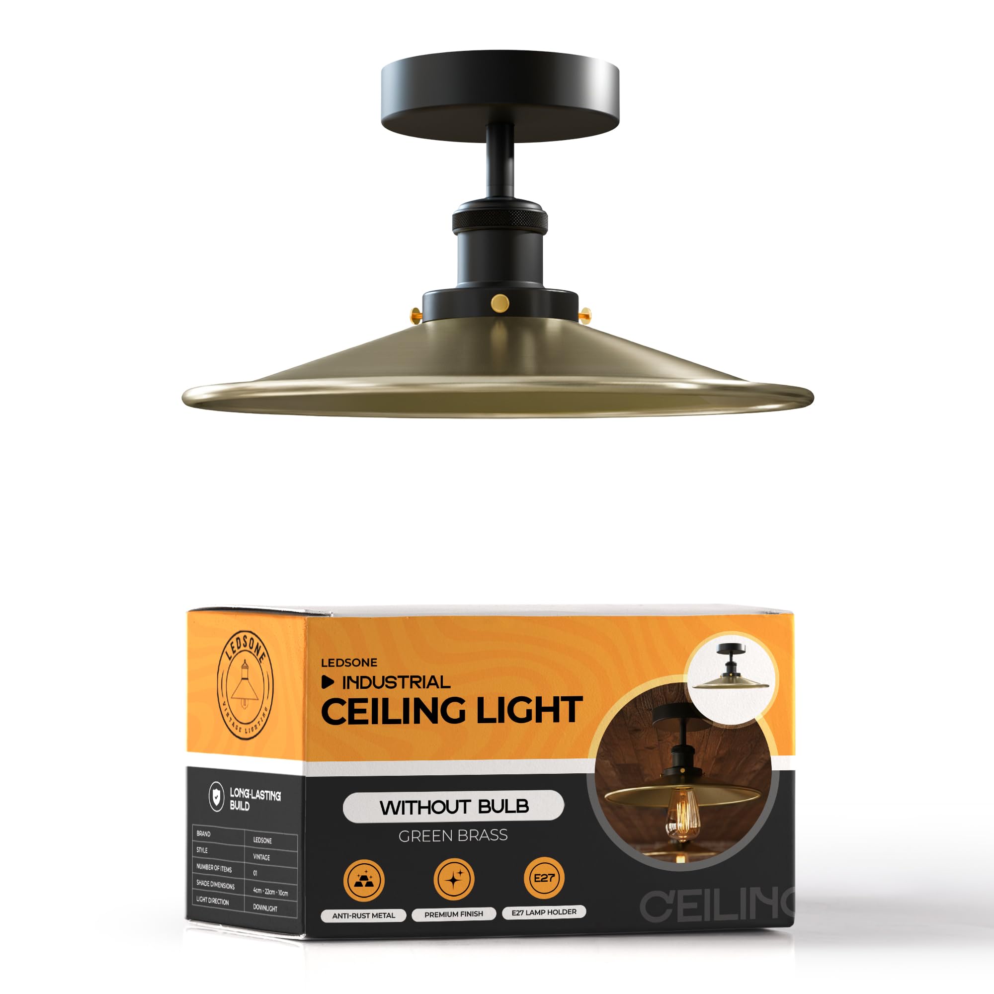 LEDSone Industrial-Semi Flush Mount E27 Base Green Brass LED Ceiling Light Metal 22cm Lampshade Lighting Chandelier Ceiling Lamp for Farmhouse Living Room Kitchen Bathroom EPC A+