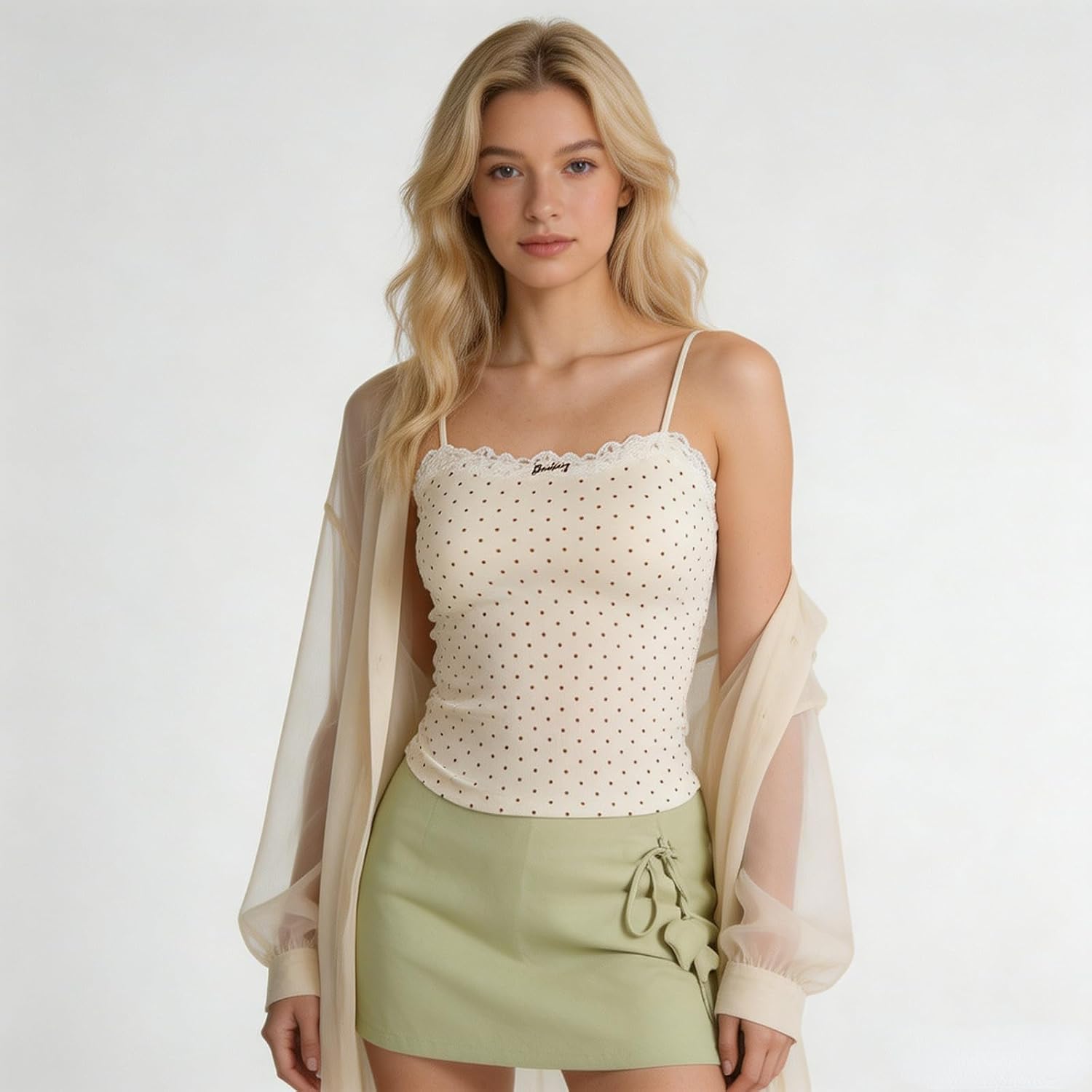 Women’s Pointelle Ribbed Camisole, Adjustable Spaghetti Strap Cami with Built-in Bra Pads, Lace Floral Polka Dot Tank Top image 5
