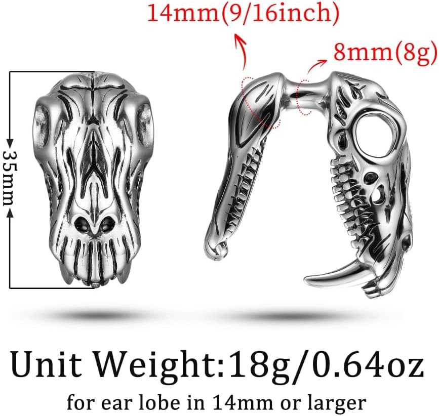 LADEMAYH Dinosaur Ear Weights for Stretched Ears, T-Rex Skull Ear Hangers Gauges for 14mm+ Ear Stretching, 9/16in Hypoallergenic Stainless Steel 316L Weighted Gauges Punk Body Jewelry