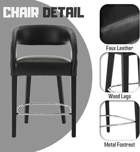 Miniatura 3 de Juego de 2 taburetes de cuero negro para mostrador de barril, sillas de bar de madera de 26 pulgadas con respaldo tapizado para isla de cocina