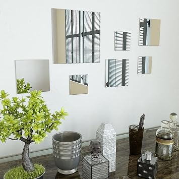 Wall Mirror Set Square Glass,Square Glass Mirror Tiles,Wall-Mount Mirror,Mirrors for Wall Decor,Frameless Wall Mirror,for Living Room,Bedroom,Bathroom,7 Piece