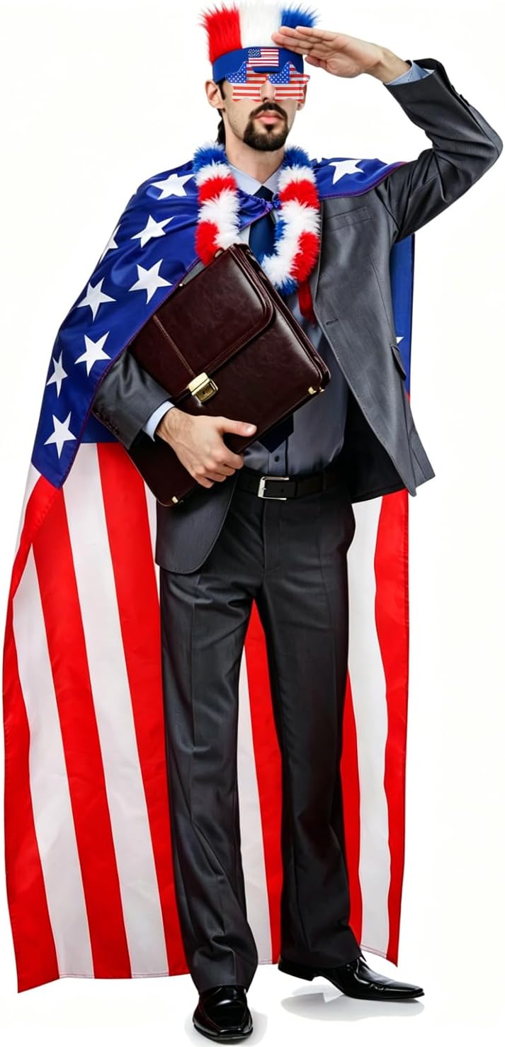 4th of July American Flag Costume Cape for Adult 250 Years USA Patriotic Flag Cloak Set, USA Patriotic Accessories