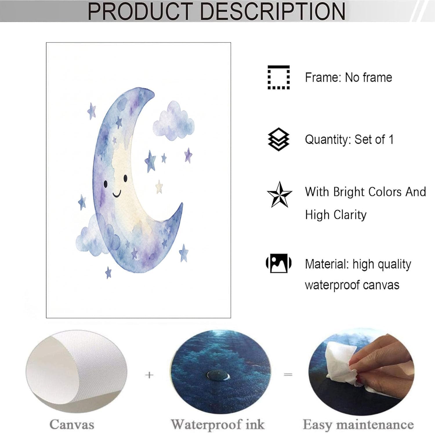 JRISEMECY Lovely Moon Clouds Unframed Wall Art White Blue Canvas Posters 12X16 Inch Watercolor Starry Sky Prints Modern Aesthetic Painting For Living Room Bedroom Office Teens Room Decor Gifts image 5