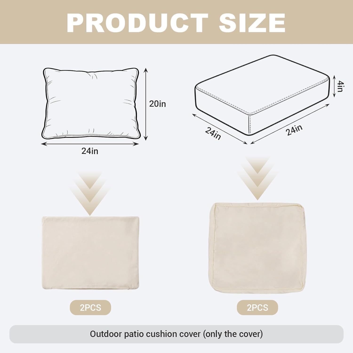 Loungewave 4Pcs Outdoor Cushion Covers, Patio Cushion Covers Replacement for Patio Furniture Sofa Couch, Soft Flexibility Washable Reusable Furniture Protector (Beige,Cover Only)