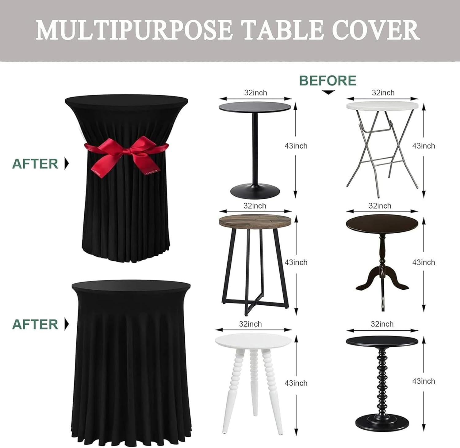 Cocktail Table Skirt, Round Cocktail Table Skirt, Stretch Cocktail Tablecloth Round Cocktail Table Skirt, Fitted High Top Stretch Table Dress (White,80x110cm)