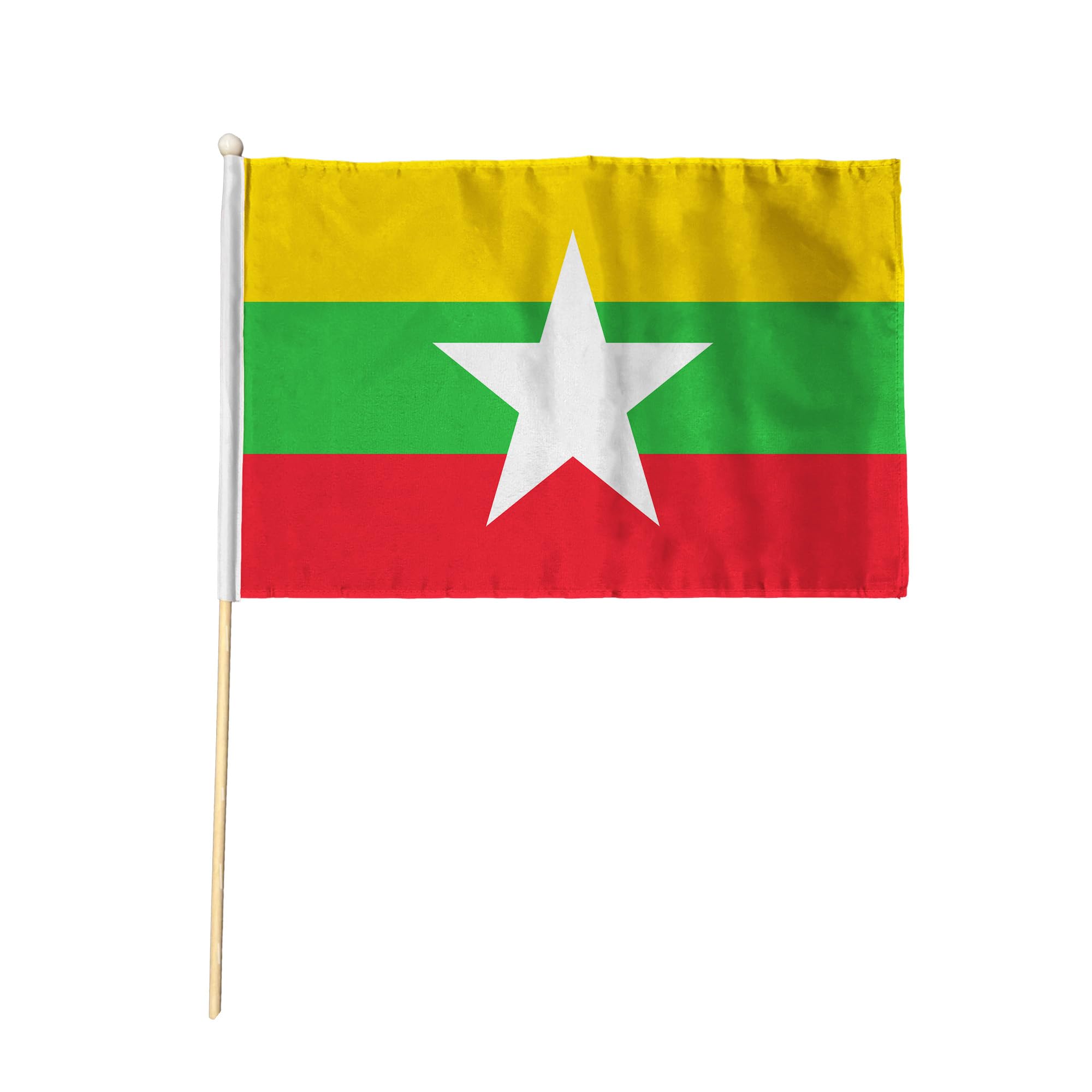 Flagtex Myanmar Burma Pack of 2 Hand Waving Flag (18x12 Inch Large) - Premium Wooden Stick Hand Flag Big Size Natural Wood Pole Myanmar National Flag Current Design Events Parades Celebrations