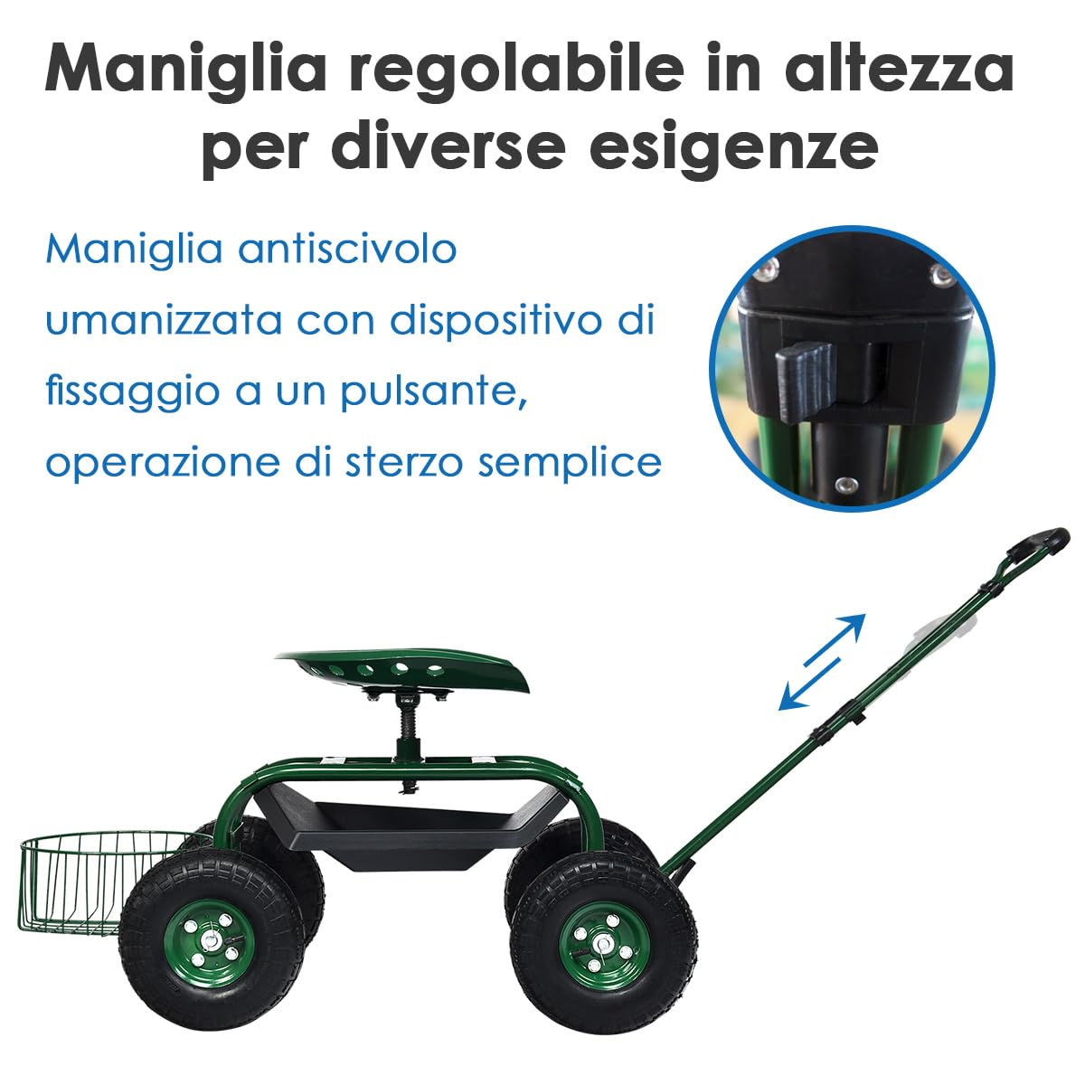 COSTWAY Sgabello per Giardinaggio con Ruote, Sedile da Giardino Regolabile in Altezza con Manico Estensibile, Cesto Portaoggetti, 2 Vassoi e 4 Ruote in Gomma (96,5 x 48,5 x 45,5-54,5 cm)