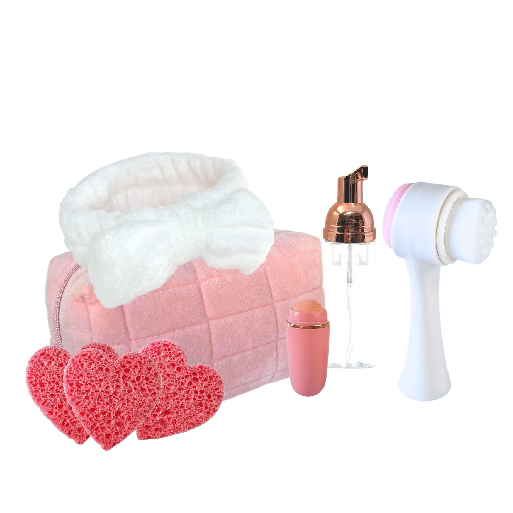 Skincare Kit, pack regalo mujer, kit limpieza facial mujer, regalos para amigas. Este set regalo mujer de Korean Skincare incluye cepillo facial, bote dosificador, diadema mujer, neceser y roll on