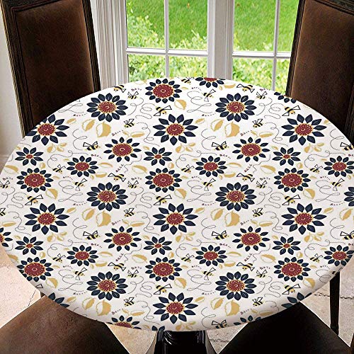 Elastic Edged Round Tablecloth Bee Sunflowers With Flyaway Leaves And Funny Bees Summer Nature Doodle Style Dark Polyester