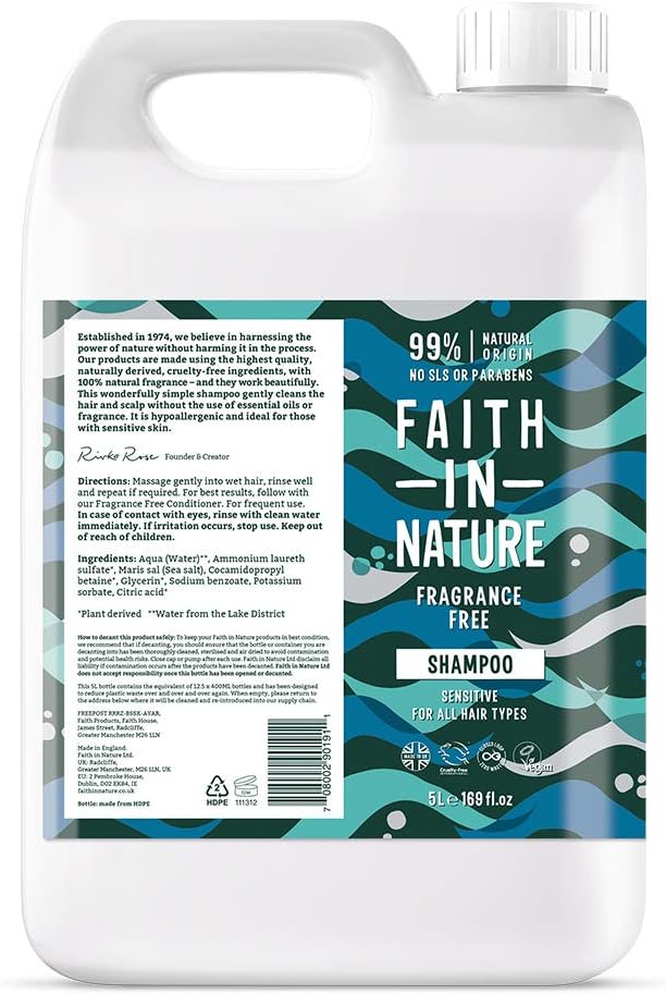 Faith In Nature Natural Fragrance Free Shampoo, Sensitive, Vegan & Cruelty Free, No SLS or Parabens, For All Hair Type, 5L Refill Pack