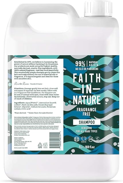 Faith In Nature Natural Fragrance Free Shampoo, Sensitive, Vegan & Cruelty Free, No SLS or Parabens, For All Hair Type, 5L Refill Pack