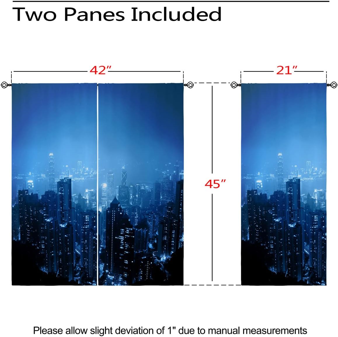 Hong Kong City Blackout Curtains for Girls Boy Home Decor, Skyscrapers 3D Print Night Blue Rod Pocket Thermal Insulated Drapes Darkening Window Curtain for Bedroom Living Room, 42 x 45 Inch