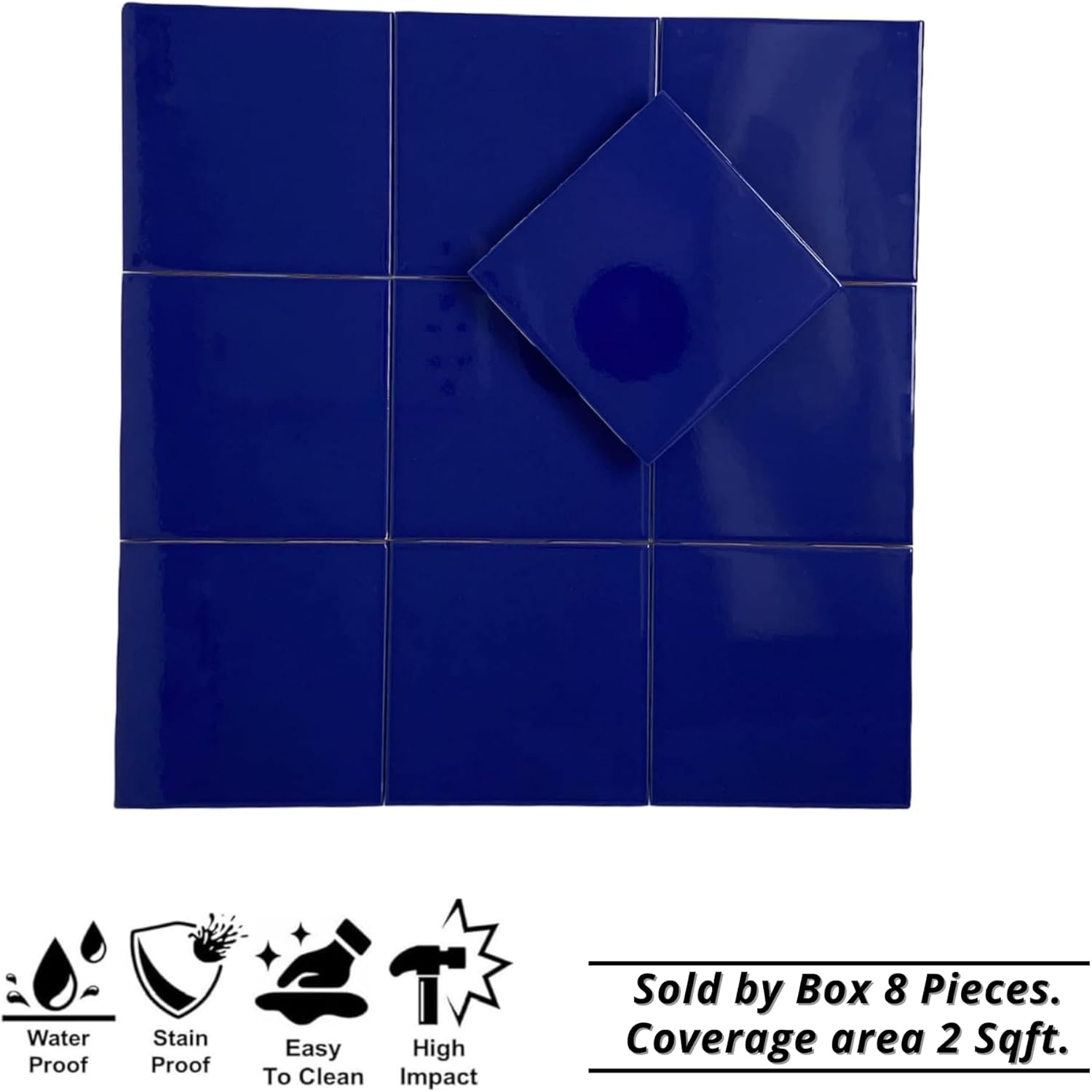 Tenedos 6x6 Glossy Cobalt Blue Ceramic Wall Tile – Box of 8 Pieces for Bathroom Wall, Kitchen Backsplash, Accent Decor, Shower Surrounds
