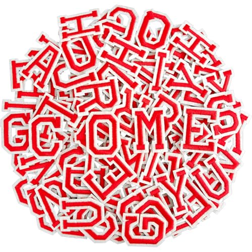 104pcs Red Iron on Letters Patches Embroidery Fabric Letters Applique Patch for Clothing Jackets Jeans Hats Backpacks Socks
