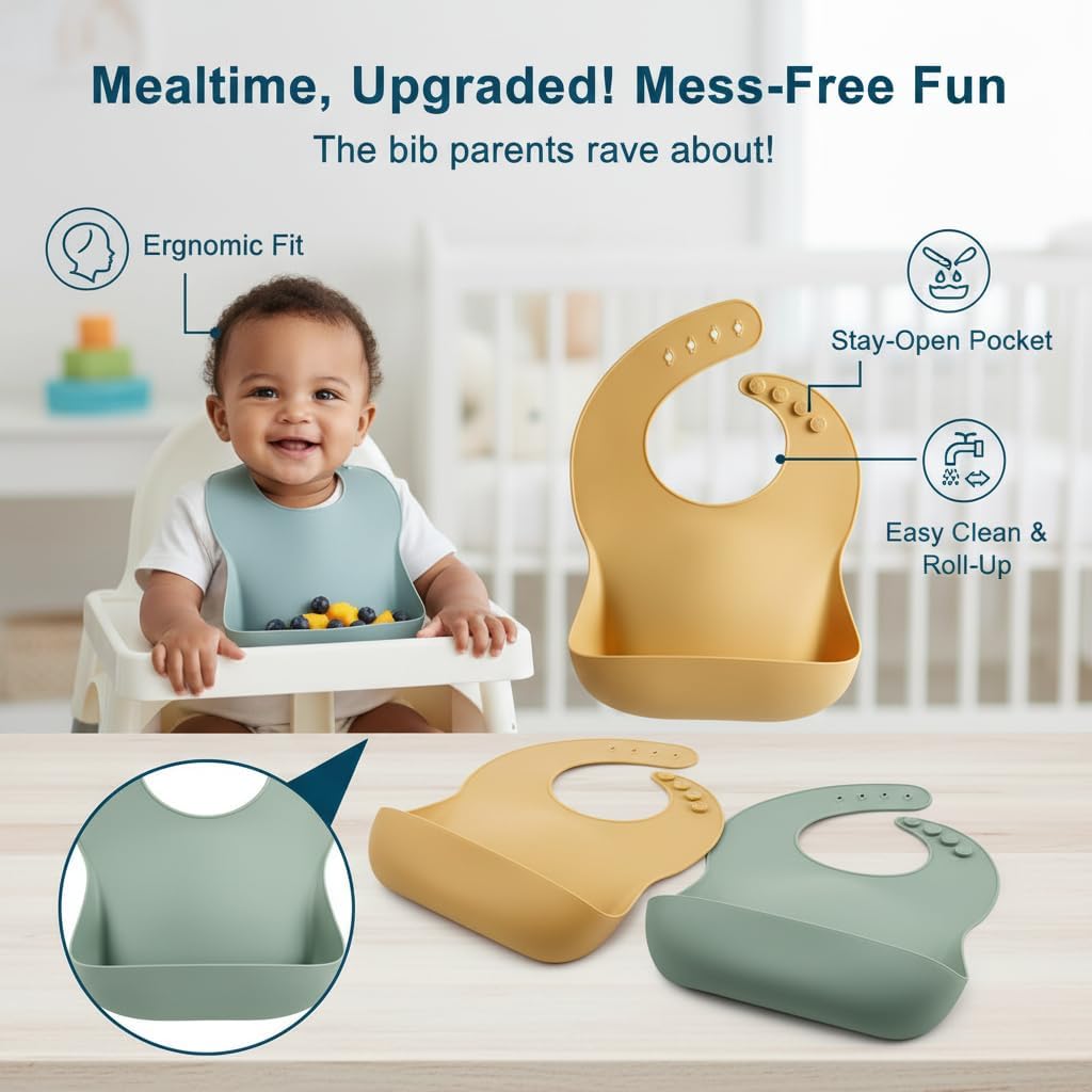 Silicone Baby Bibs, Soft Adjustable Waterproof Feeding Bibs with Wide Pocket, Easy to Clean, BPA Free
