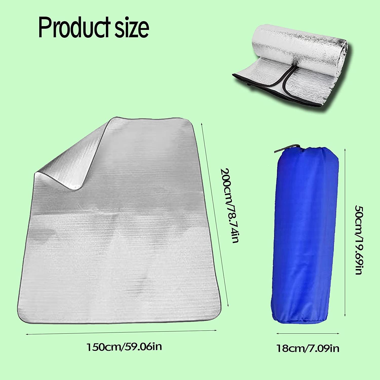 KAYLRE KALUROIL Tapis Isolant Camping 200 * 150cm Tapis Isolant en Aluminium Pliable Tapis de Couchage en Mousse pour Extérieur Camping Randonnée Pique-Nique (Argent)