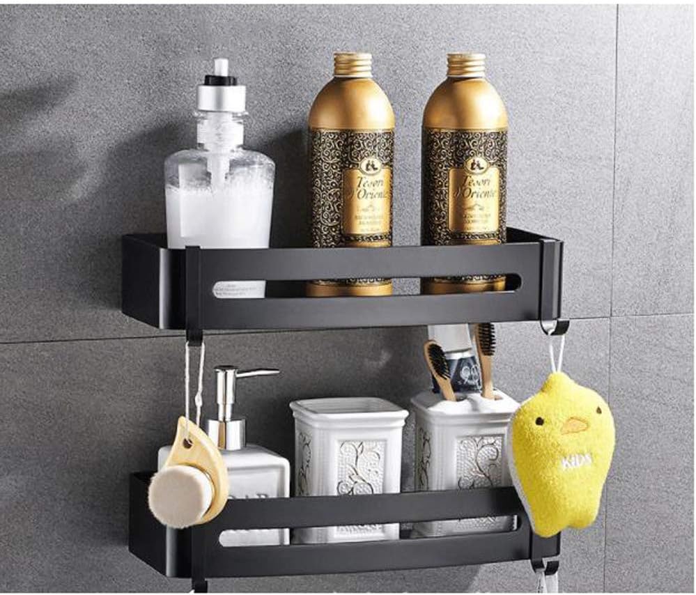 2 Tier Bathroom Corner Shelf and Shower Caddy- Basket Storage Organiser Aluminum Alloy Tub Wall Mount-Drill or No Drill-Black-Rectangle