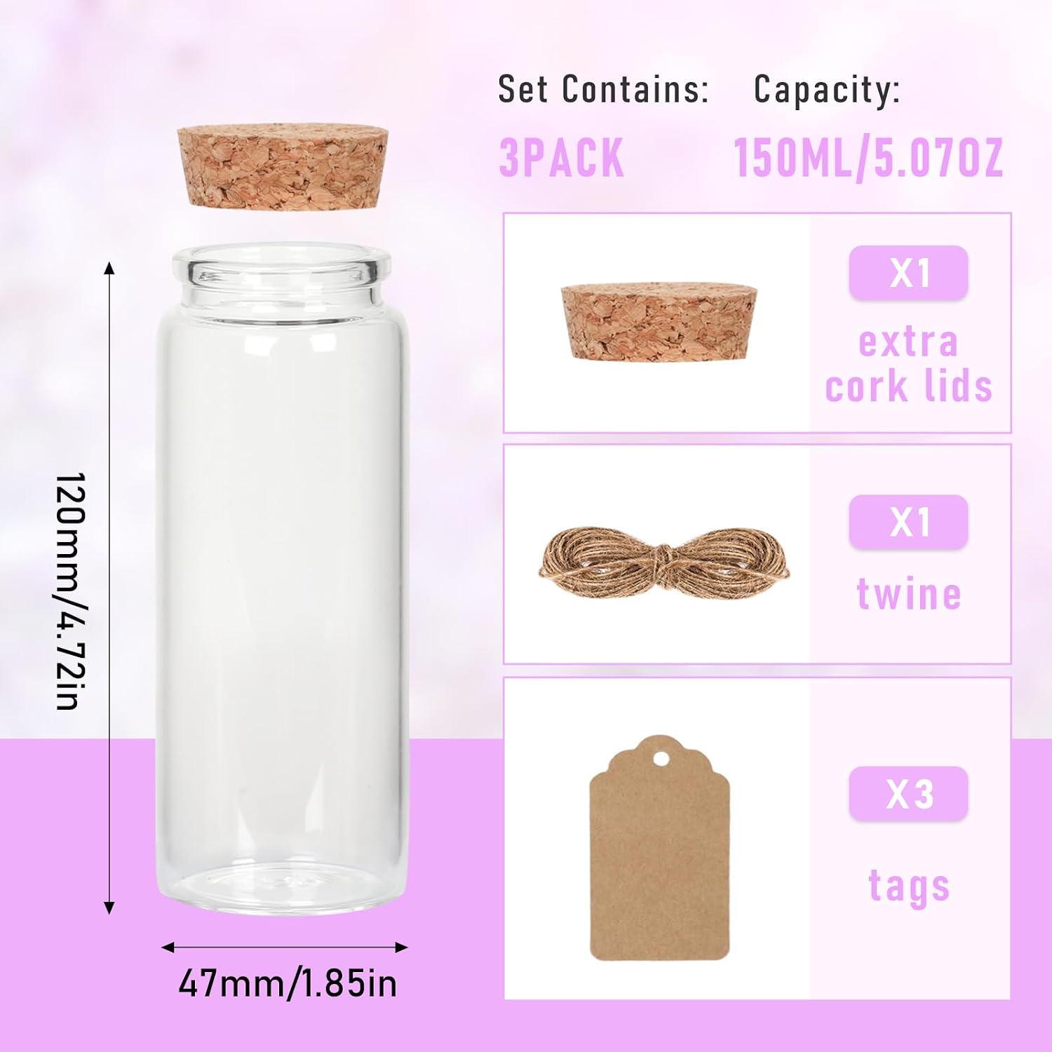 Small Glass Vials with Corks 3 Pack - Potion Bottles, Spell Jars, Seashell Jars - 150 ml, Crafts, Decoration, Party Favors