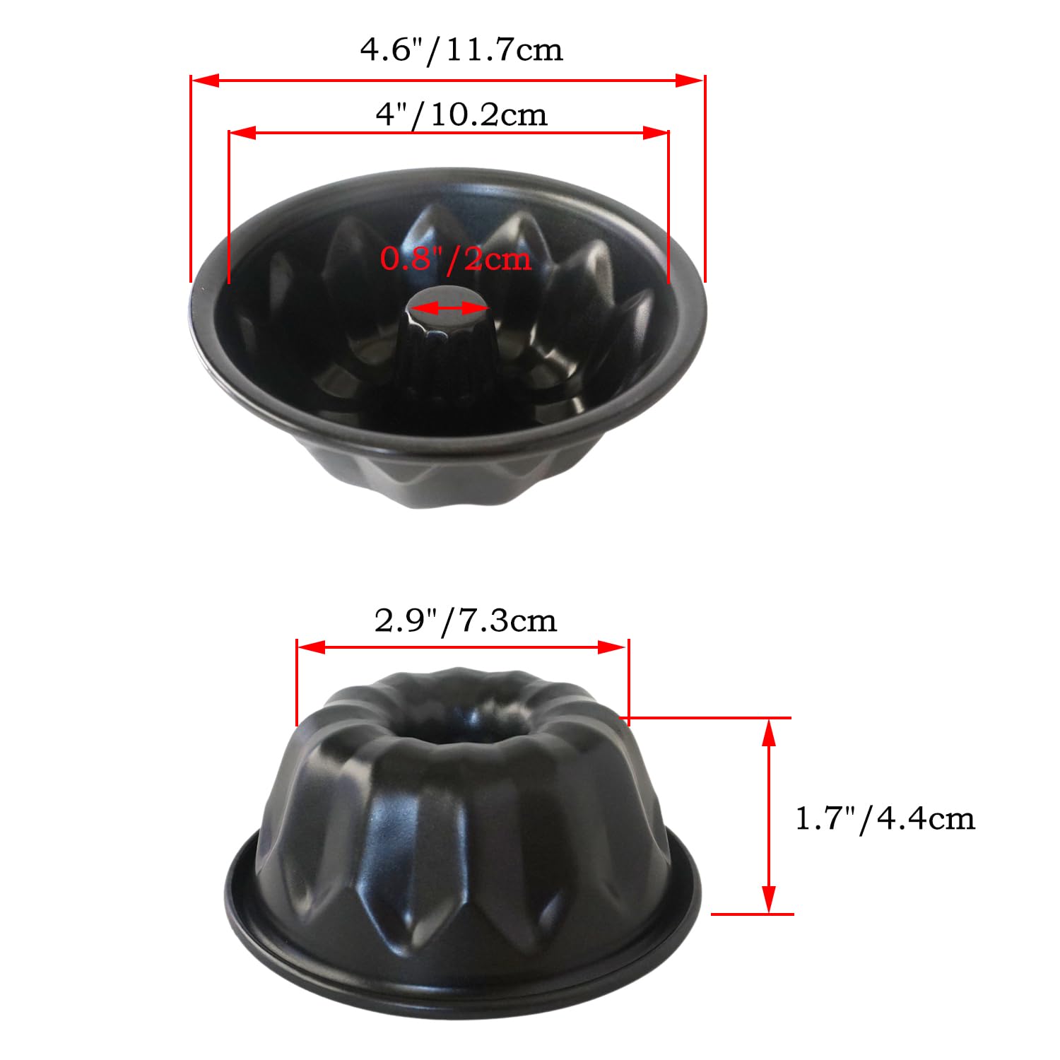 Mini Bundt - Molde para pasteles para hornear 4 pulgadas, molde antiadherente de metal estriado, molde de acero al carbono para magdalenas, magdalenas, brownie, kugelhopf, gelatina, negro, 4 2