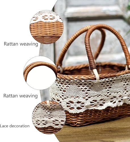 Miniatura 4 de KESYOO Cesta de flores para boda, tejido natural, con cesta de encaje, portátil, decoración de flores para boda (café)