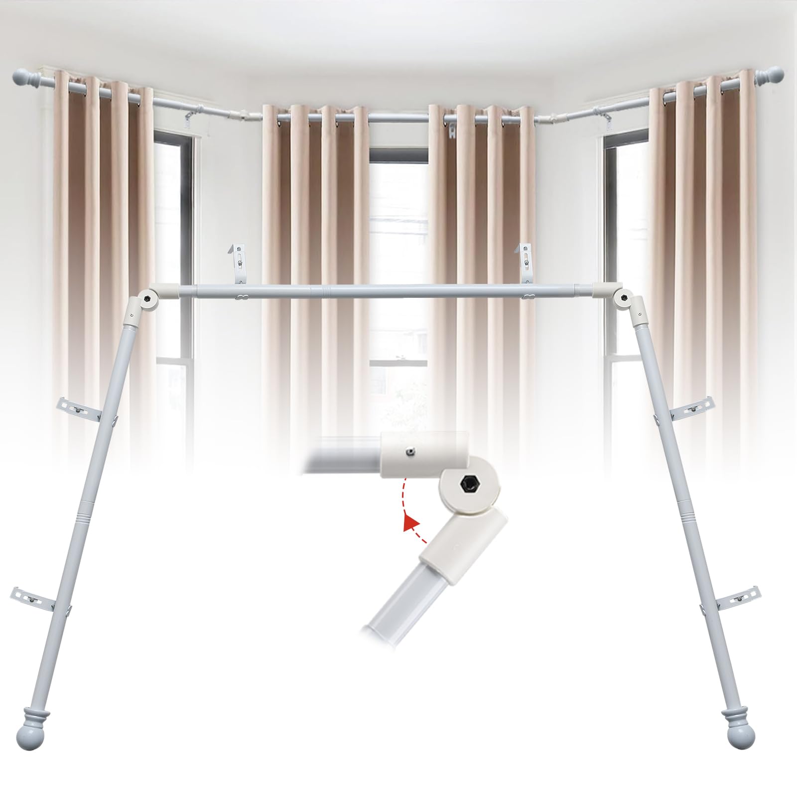 Wefaith Bay Window Curtain Rods, 36-160" Heavy Duty Corner Curtain Rod, Adjustable DIY Design for Center and Side Rods,U-Shape 1 inch Drapery Rod Set with Brackets for Windows - White