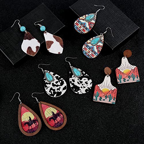 12 Pairs Western Earrings Set For Women Girls Boho Cowgirl Vintage Turquoise Print Leather Wood Teardrop Dangle Bohemian Cowboy Earring Jewelry #TOP1