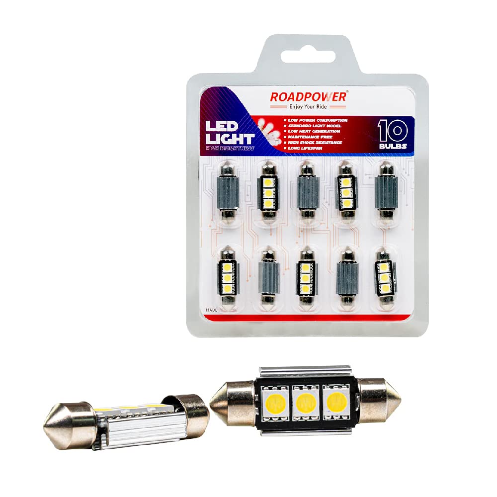 ROADPOWER Super Bright Car Interior and Roof 3 LED Light | Extremely Bright 6000K Cool White |36mm Festoon Bulb used for Roof and Dome Light - Model "RP-ROOF10-G3" | Pack of 10 PCS