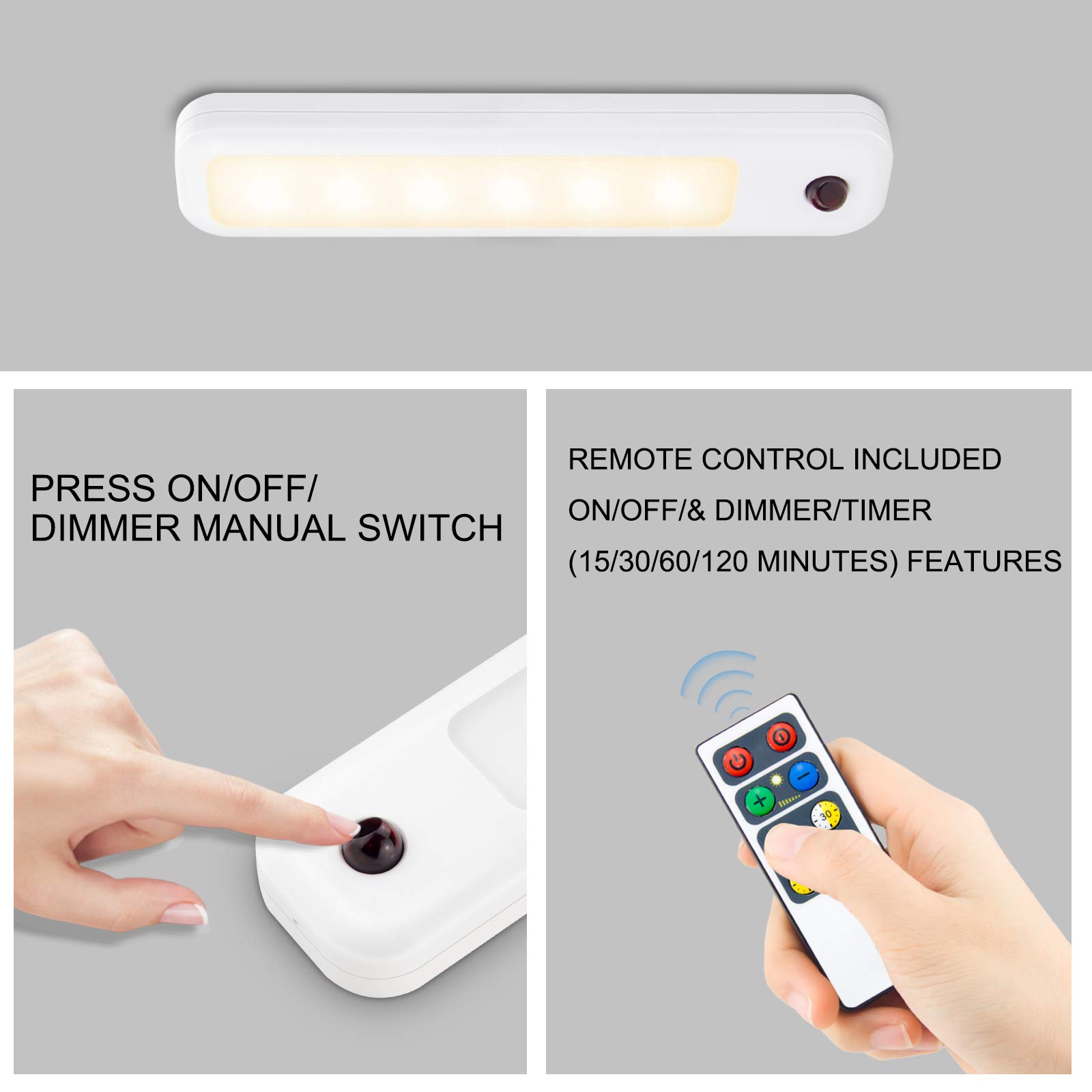 LUXSWAY Under-Counter Light Bar,Dimmable Night Lighting with Battery Operated,Stick On Cabinet Light Bar,Auto-Off Timer 15,30,60,120 Minutes for Closet,Stairs,Shelf