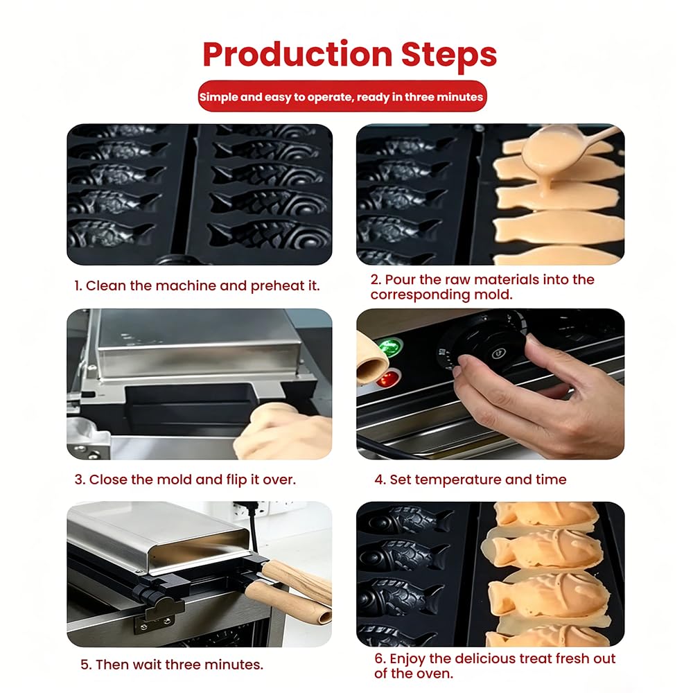 Plancha para Gofres Taiyaki con Revestimiento Antiadherente De Teflón,Temperatura Ajustable De 50 a 300 ℃,Máquina Multifuncional para Hacer Gofres De Pescado Y Aperitivos