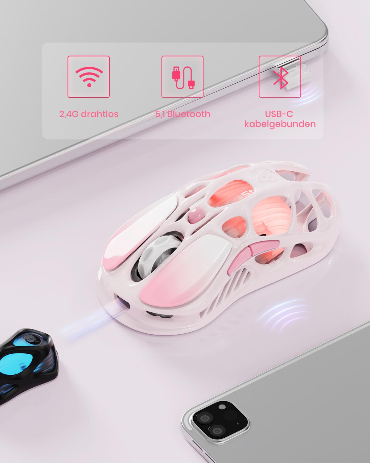 GravaStar Mercury M1 Pro Wireless Gaming Maus, 26.000 DPI, PAW3395DM, 5 Programmierbare Tasten, 2.4GHz/BT/Kabel