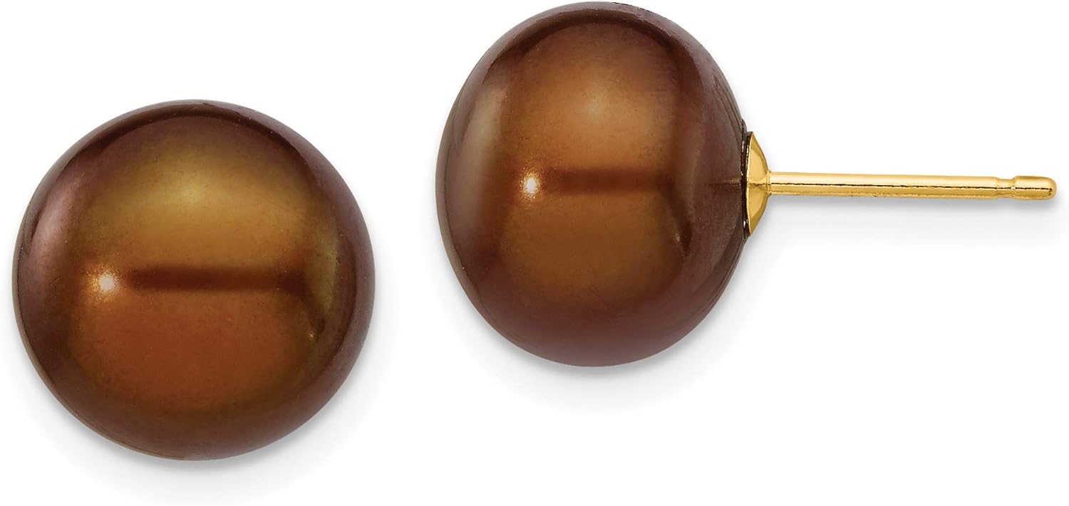 Chocolate Brown Freshwater Cultured Button Pearl Post Earrings in Real 14k Yellow Gold