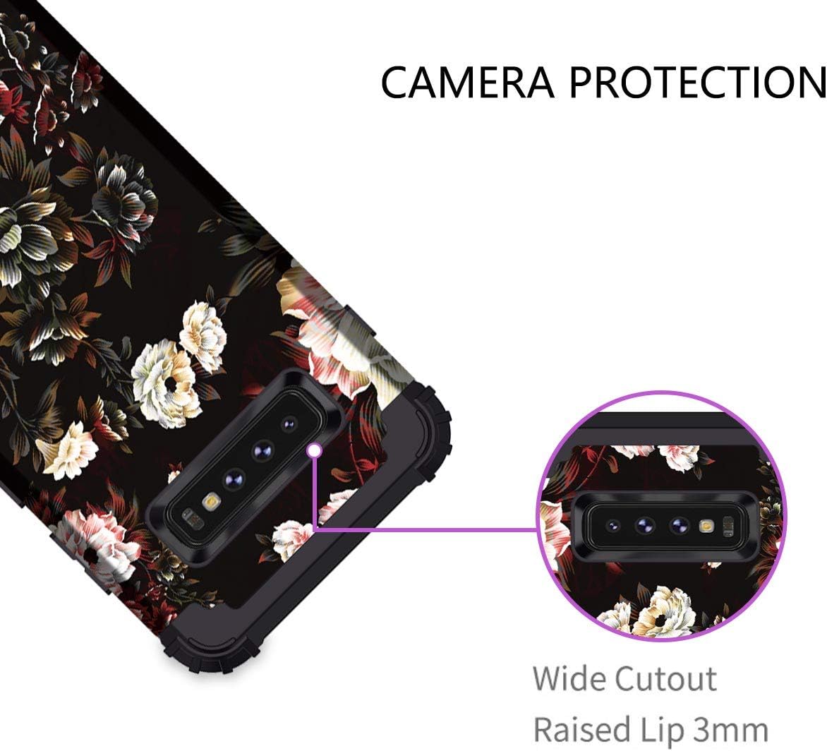 LONTECT for Galaxy S10 Case Floral 3 in 1 Heavy Duty Hybrid Sturdy High Impact Shockproof Protective Cover Case for Samsung Galaxy S10, Flower/Black