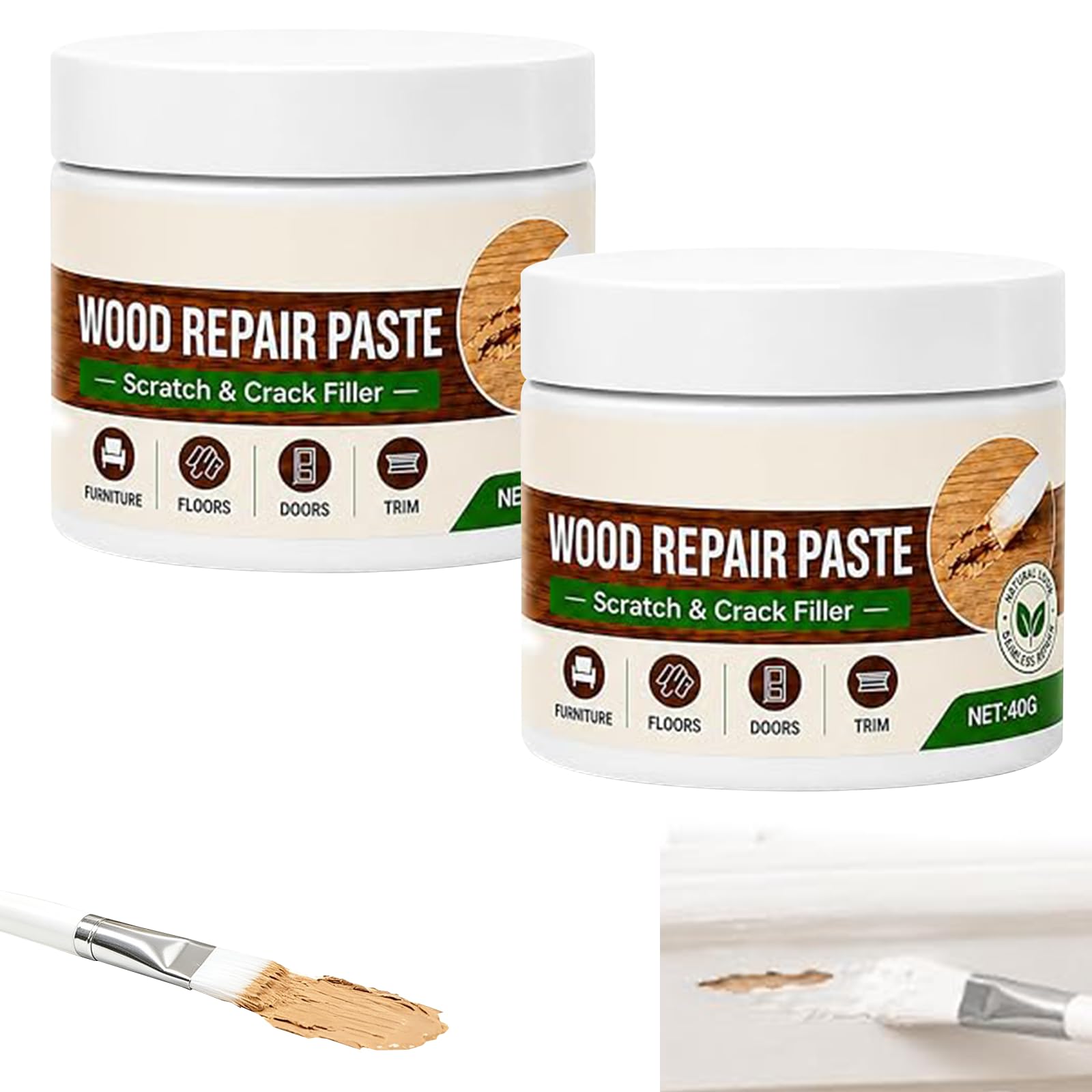 Wood Repair Paste with Brush, Easy Paint-on Furniture & Floor Scratch Filler for White Tables, Cabinets, Skirting Boards, Quick-Drying Wood Filler，White*2