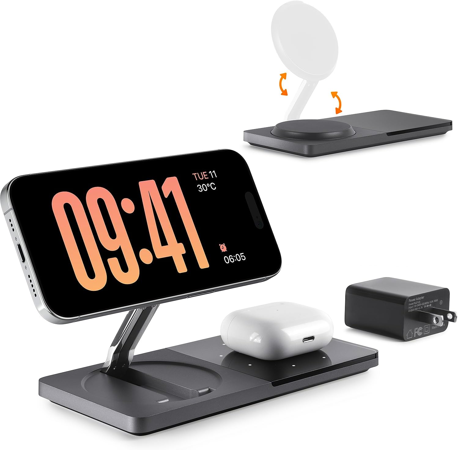 Mag-Safe Charger Stand for iPhone, Wireless Charger Stand for Apple Products, 2 in 1 Magnetic Charging Station for iPhone 16/15/14/13/12 Series, Airpods 3/2/Pro with Adapter (Black)